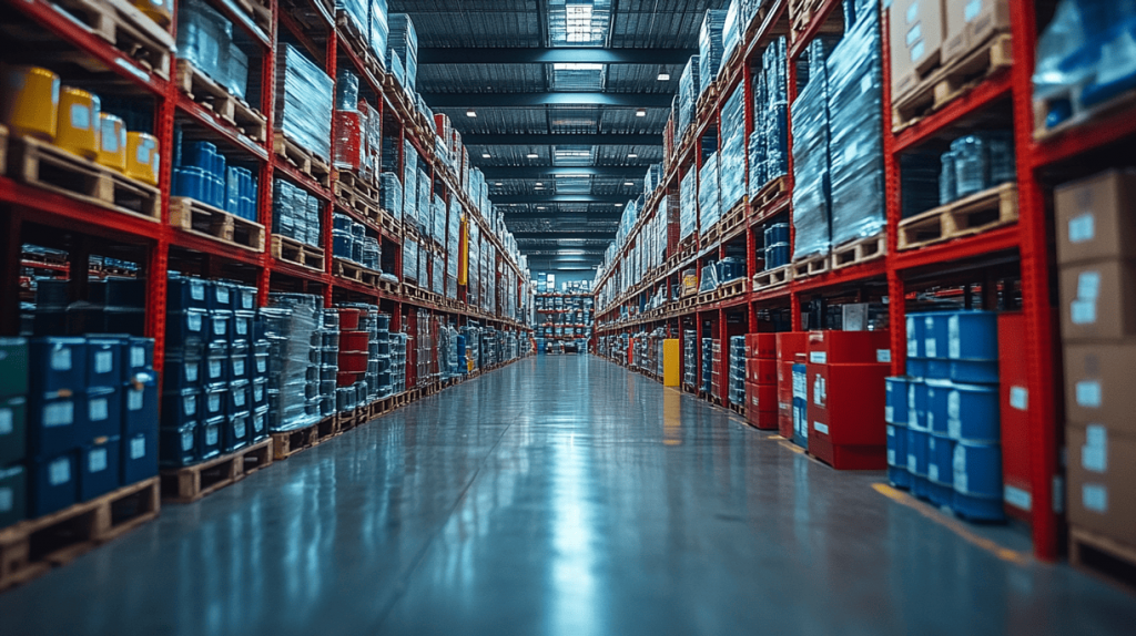 Interior de armazém com diversos materiais MRO da KTB Europe, um fornecedor líder de MRO. Ideal para automação industrial, serviços de aprovisionamento e soluções de cadeia de fornecimento.