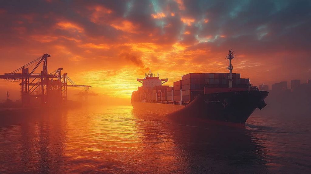 Navio porta-contentores a navegar num porto ao pôr do sol, representando o papel da KTB Europe como fornecedor e distribuidor de topo de MRO em serviços de aprovisionamento global e peças de automação industrial.