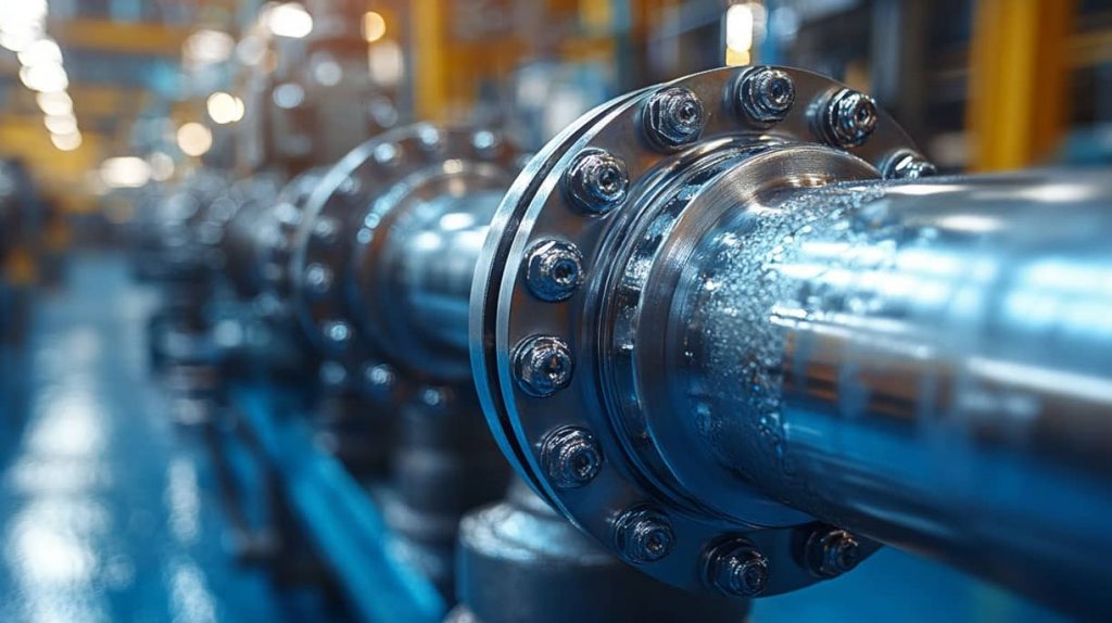 Grande plano de uma tubagem industrial com materiais de alta qualidade, realçando o papel da KTB Europe como fornecedor líder de MRO para serviços de aquisição e peças de automação na Europa.