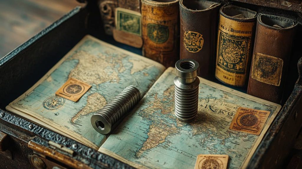 Peças de automação industrial num mapa vintage, apresentando a experiência da KTB Europe como um fornecedor e distribuidor de topo de MRO para serviços globais de aquisição de MRO.