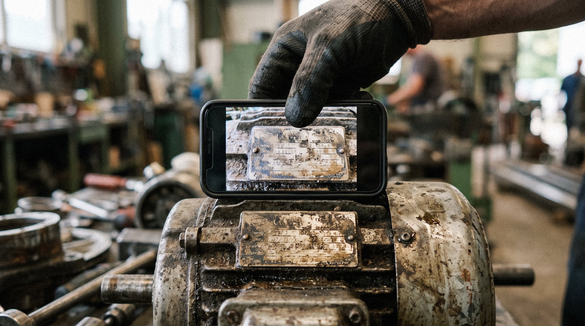 Hand mit Smartphone fotografiert das Typenschild eines Elektromotors in einer Werkstatt