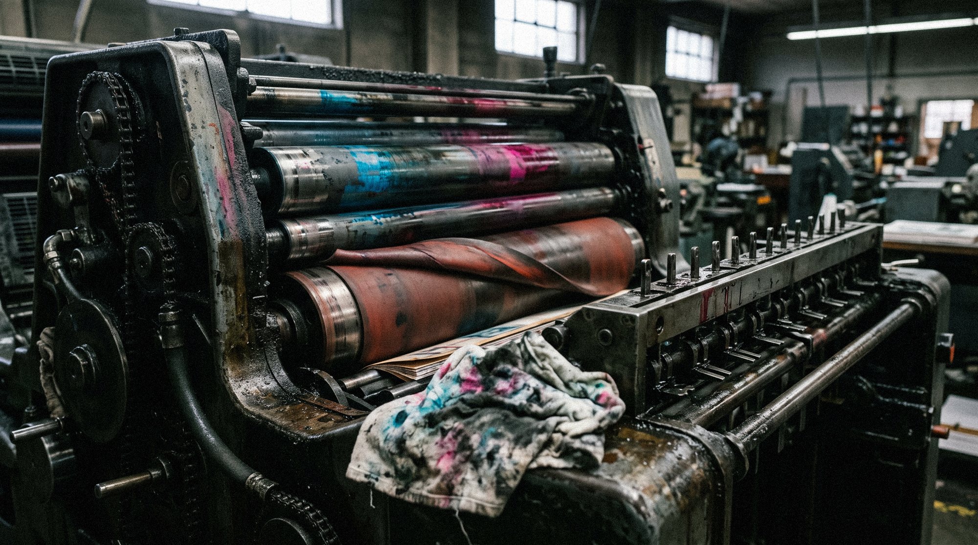 View into an older sheetfed offset printing unit with ink rollers, gripper bar and a partially removed blanket
