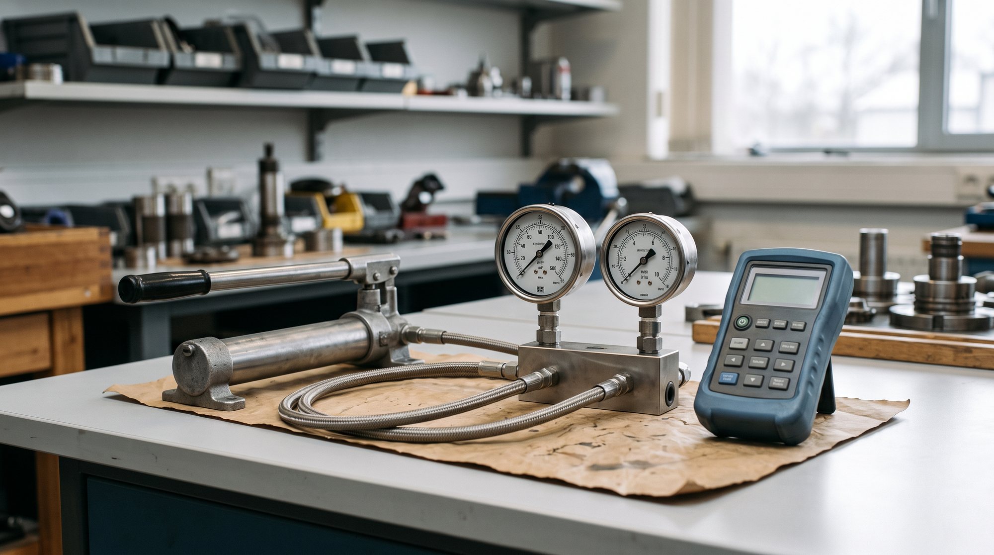 Prüfplatz zur Kalibrierung mit Referenzmanometer, Prüfling, Handpumpe und digitalem Kalibrator