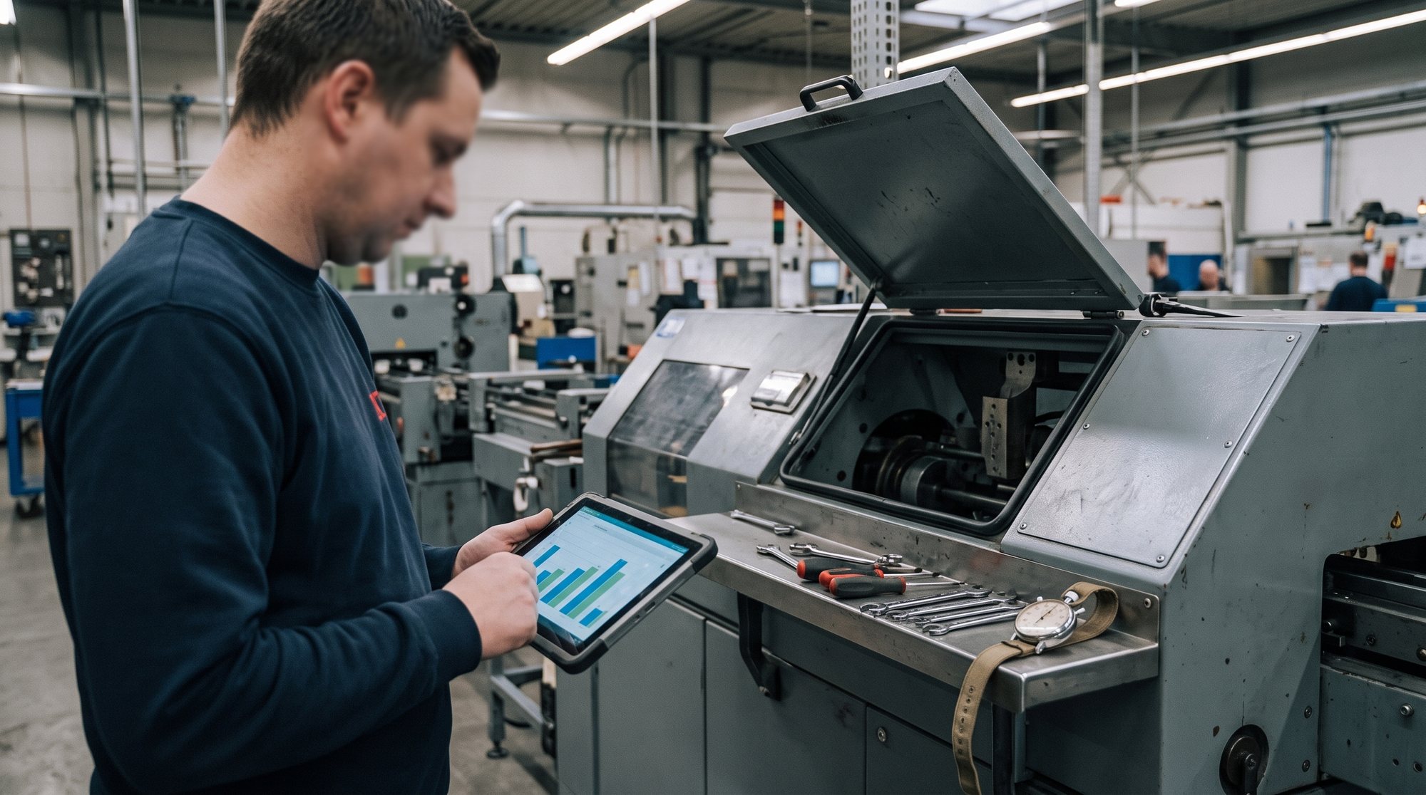 Instandhalter mit Tablet an einer geöffneten Produktionsmaschine, auf dem Gehäuse liegen Werkzeug und Stoppuhr
