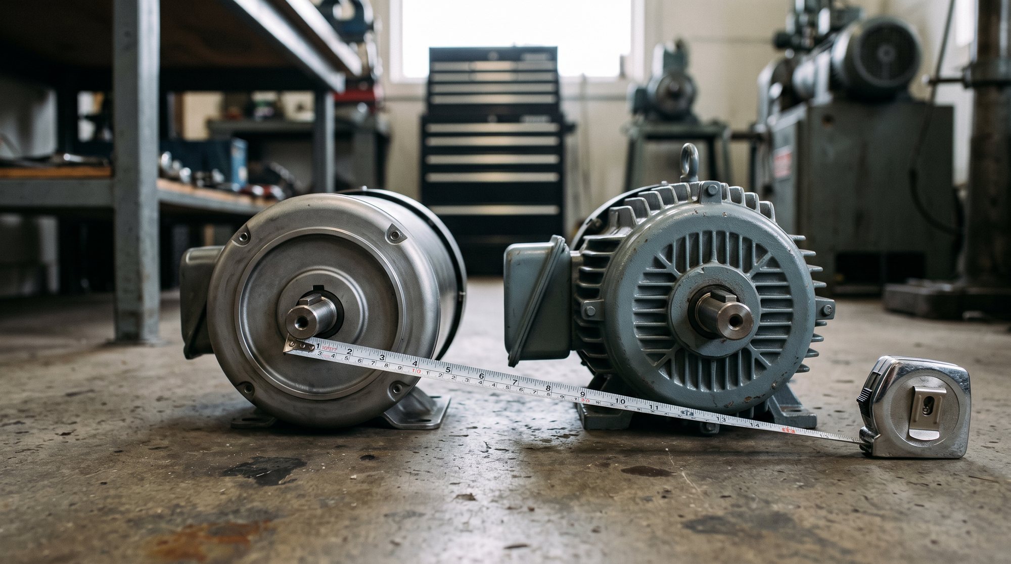 Nordamerikanischer Elektromotor und europäischer IEC-Motor nebeneinander, ein Maßband liegt über beiden Wellen