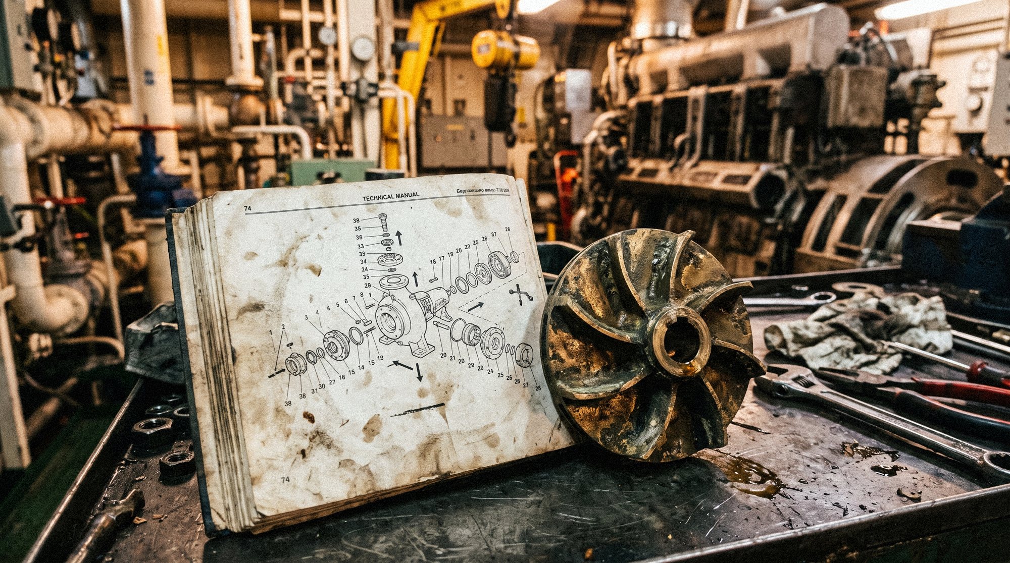 Aufgeschlagenes Ersatzteilhandbuch mit nummerierter Explosionszeichnung neben einem Pumpenlaufrad im Maschinenraum eines Schiffes