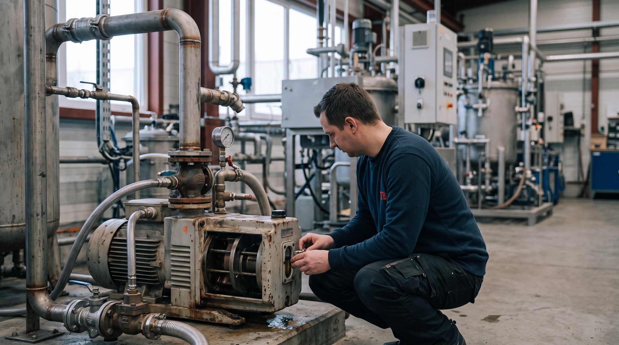 Techniker prüft das Ölschauglas einer Drehschieber-Vakuumpumpe in einer Produktionshalle
