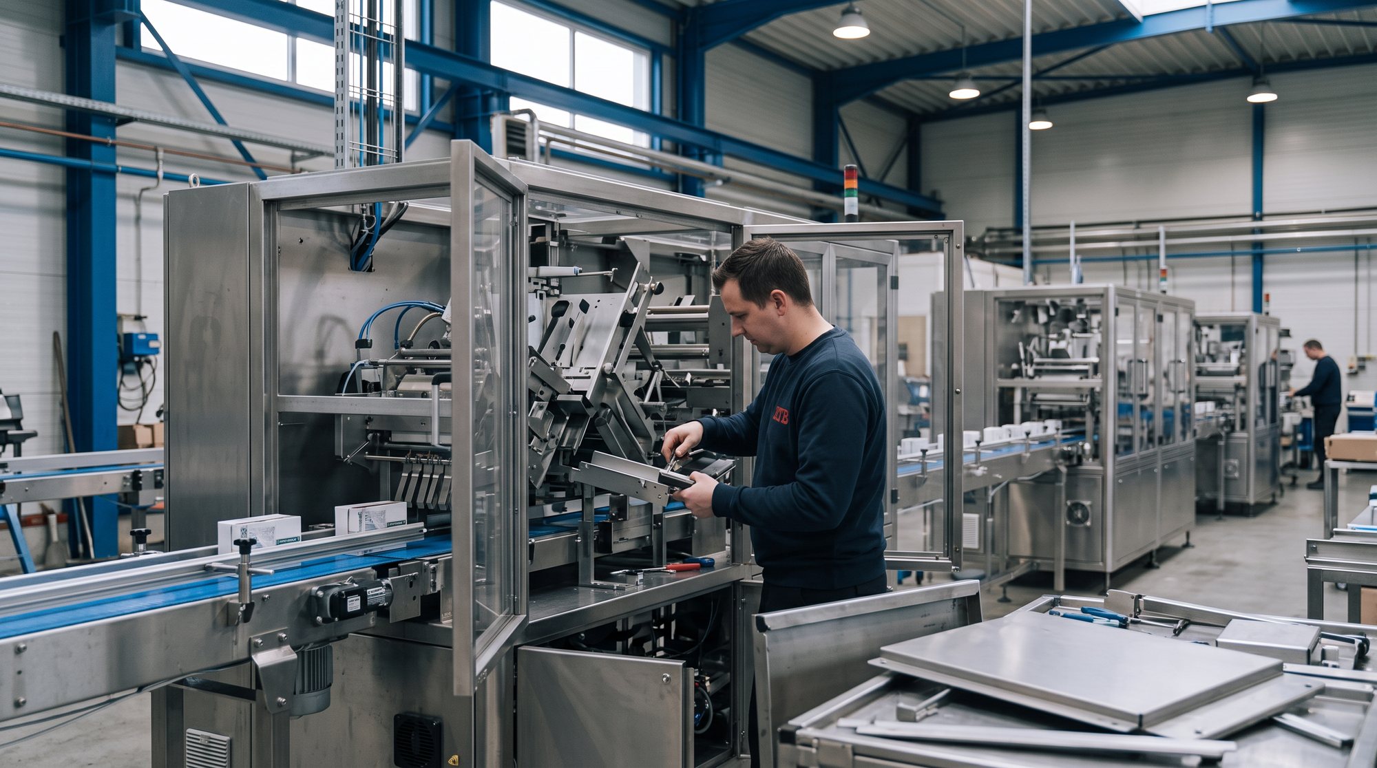 Techniker wechselt ein Formatteil an einer Kartoniermaschine in einer Verpackungslinie