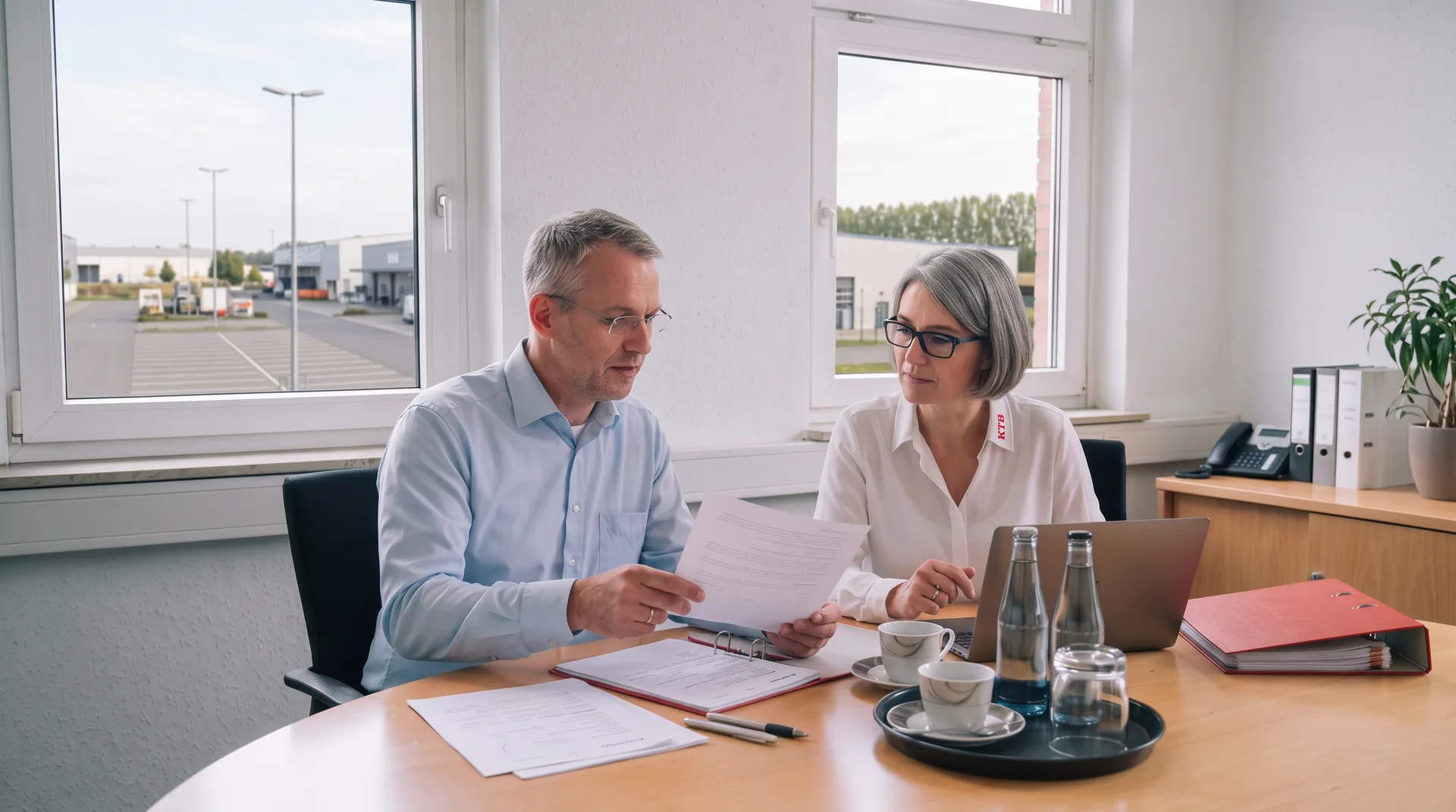 Two KTB employees reviewing payment documents at the meeting table