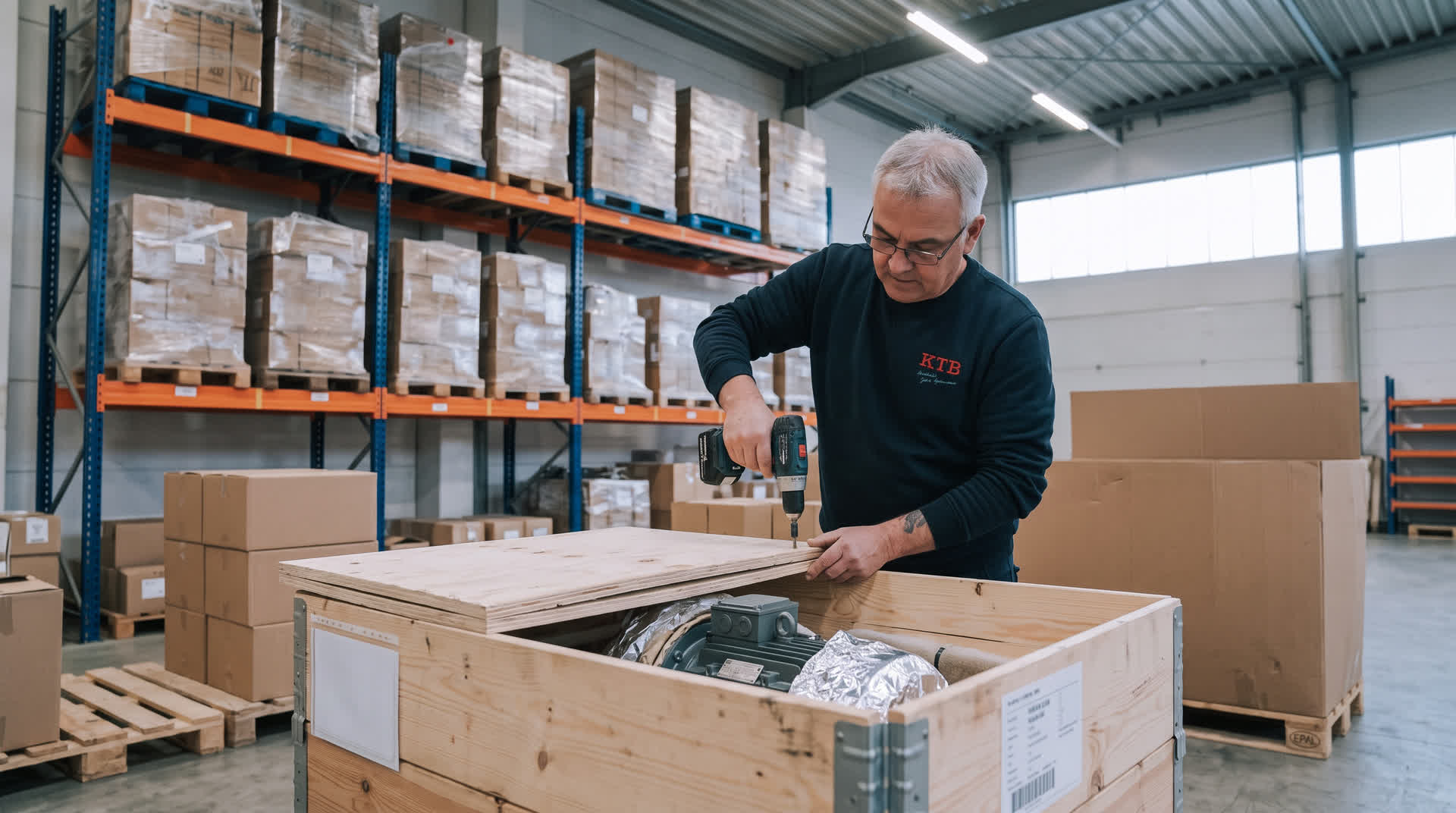 KTB-Mitarbeiter verschließt eine Exportkiste mit verpacktem Elektromotor