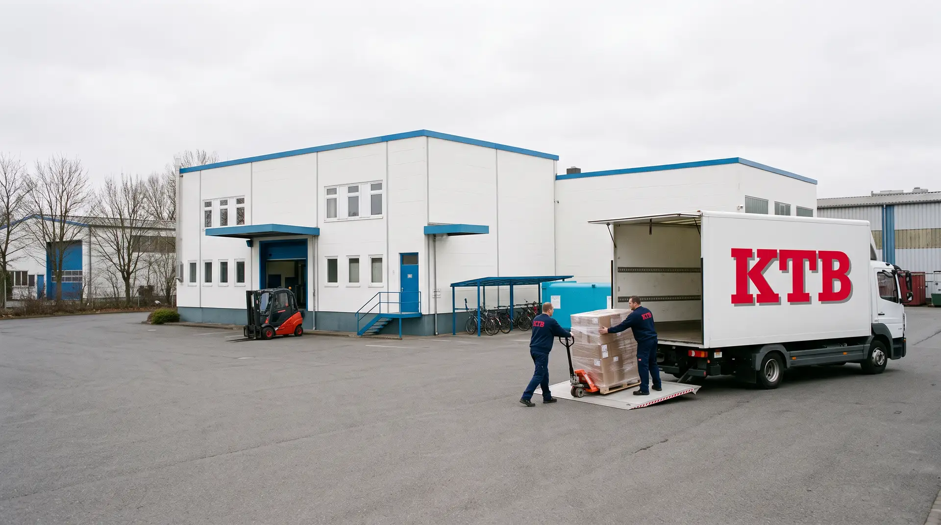 KTB warehouse team loading a pallet of spare parts onto a KTB truck via the tail lift at the Hamburg site