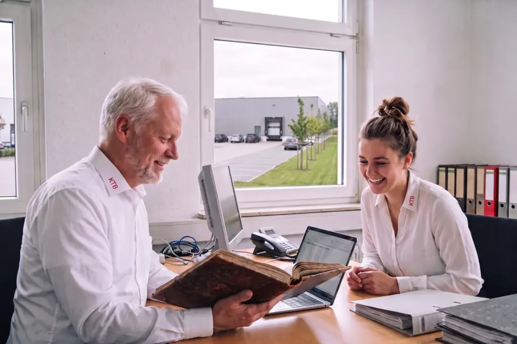 Experienced KTB employee showing a trainee an old order book